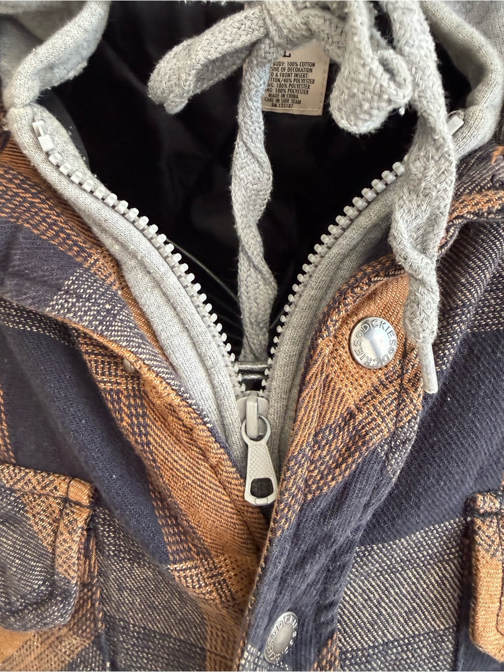 Dickies Navy and Brown Plaid Hooded Shirt snap up Jacket. L - Picture 6 of 7